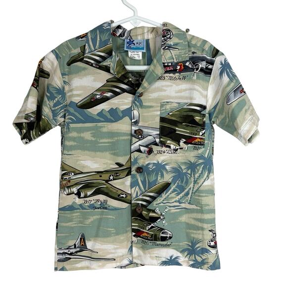 RJC Hawaiian Shirt Beach Fighter Bomber Airplane Made in Hawaii USA Boys Size 4 - Picture 1 of 8